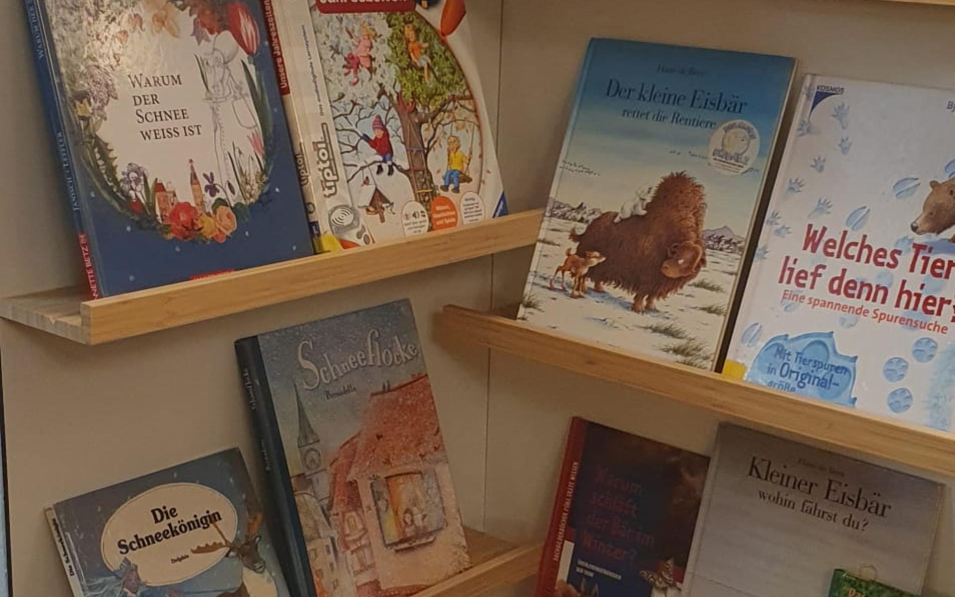 Bücherregal mit Kinderbüchern zum Thema Winter